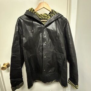 Black Leather Jacket with Green Striped Hood